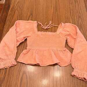 American Eagle Outfitters Peach Smocked Peplum Long-Sleeve Top